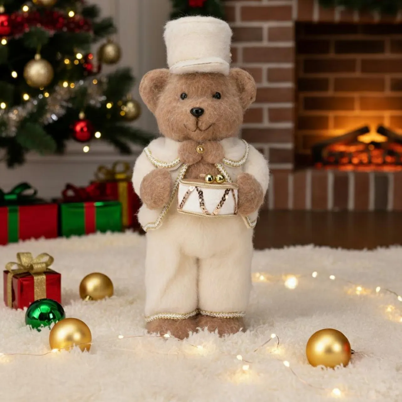 KOOPMAN Ours de Noël debout (H41 cm) Tambour d'or Crème Beige Best