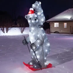 EMINZA Ours polaires lumineux 100 LED (H69 cm) Grizzly en ski Gris et Blanc froid