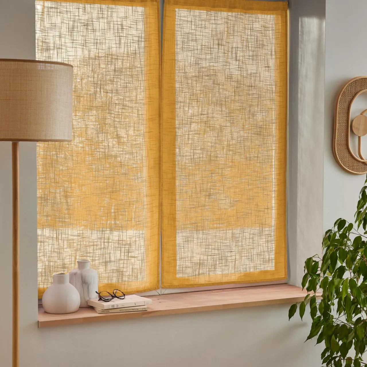 EMINZA Paire de voilages passe-tringle effet lin (60 x 120 cm) Robin Jaune ocre Discount