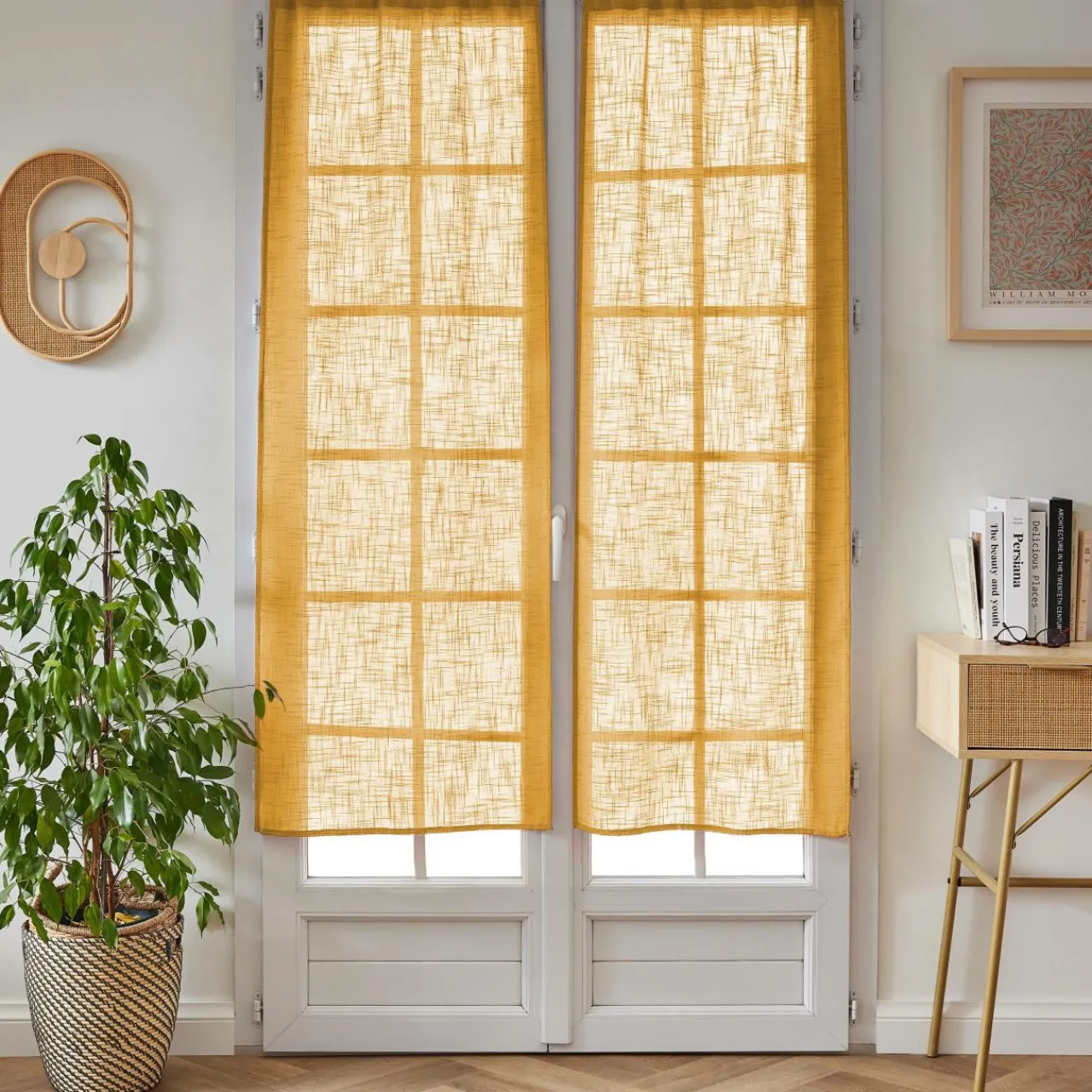 EMINZA Paire de voilages passe-tringle effet lin (60 x 160 cm) Robin Jaune ocre New