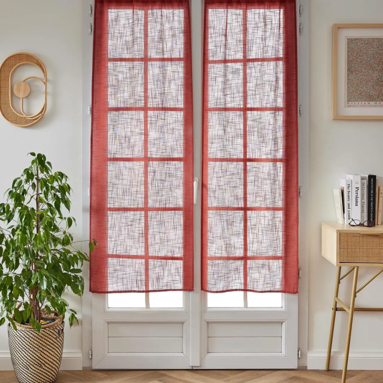 EMINZA Paire de voilages passe-tringle effet lin (60 x 160 cm) Robin Terracotta New