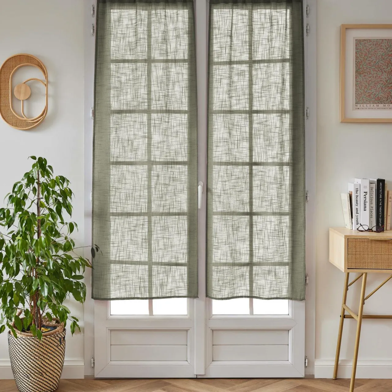 EMINZA Paire de voilages passe-tringle effet lin (60 x 160 cm) Robin Vert romarin New
