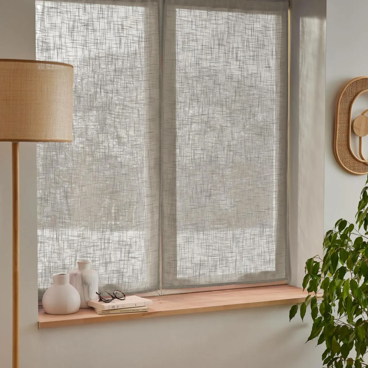 EMINZA Paire de voilages passe-tringle effet lin (60 x 90 cm) Robin Taupe