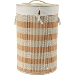 TENDANCE Panier à linge rond et pliable (H55 cm) Bambou et beige Naturel Best