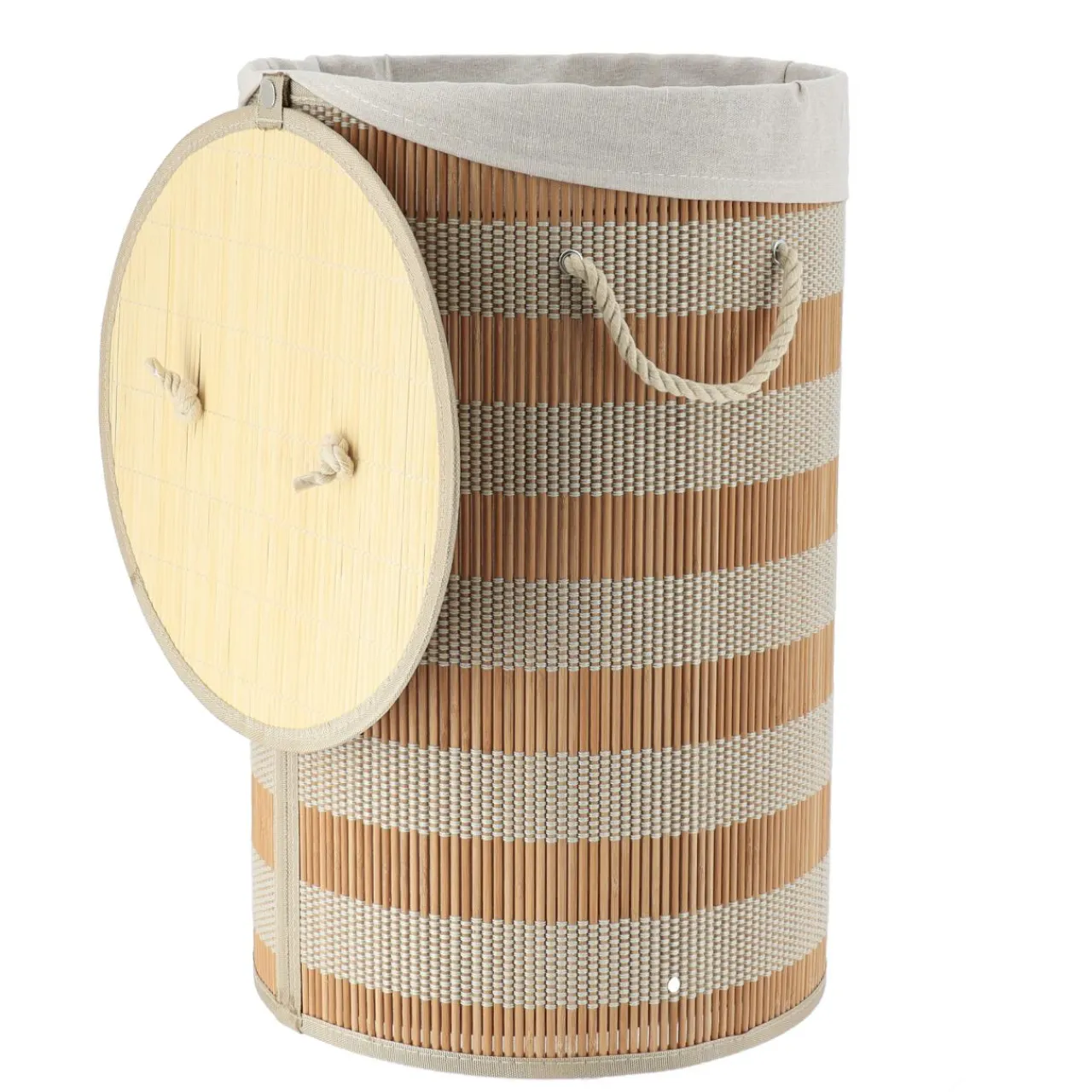 TENDANCE Panier à linge rond et pliable (H55 cm) Bambou et beige Naturel Best