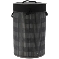 TENDANCE Panier à linge rond et pliable (H55 cm) Bambou et gris Noir Online