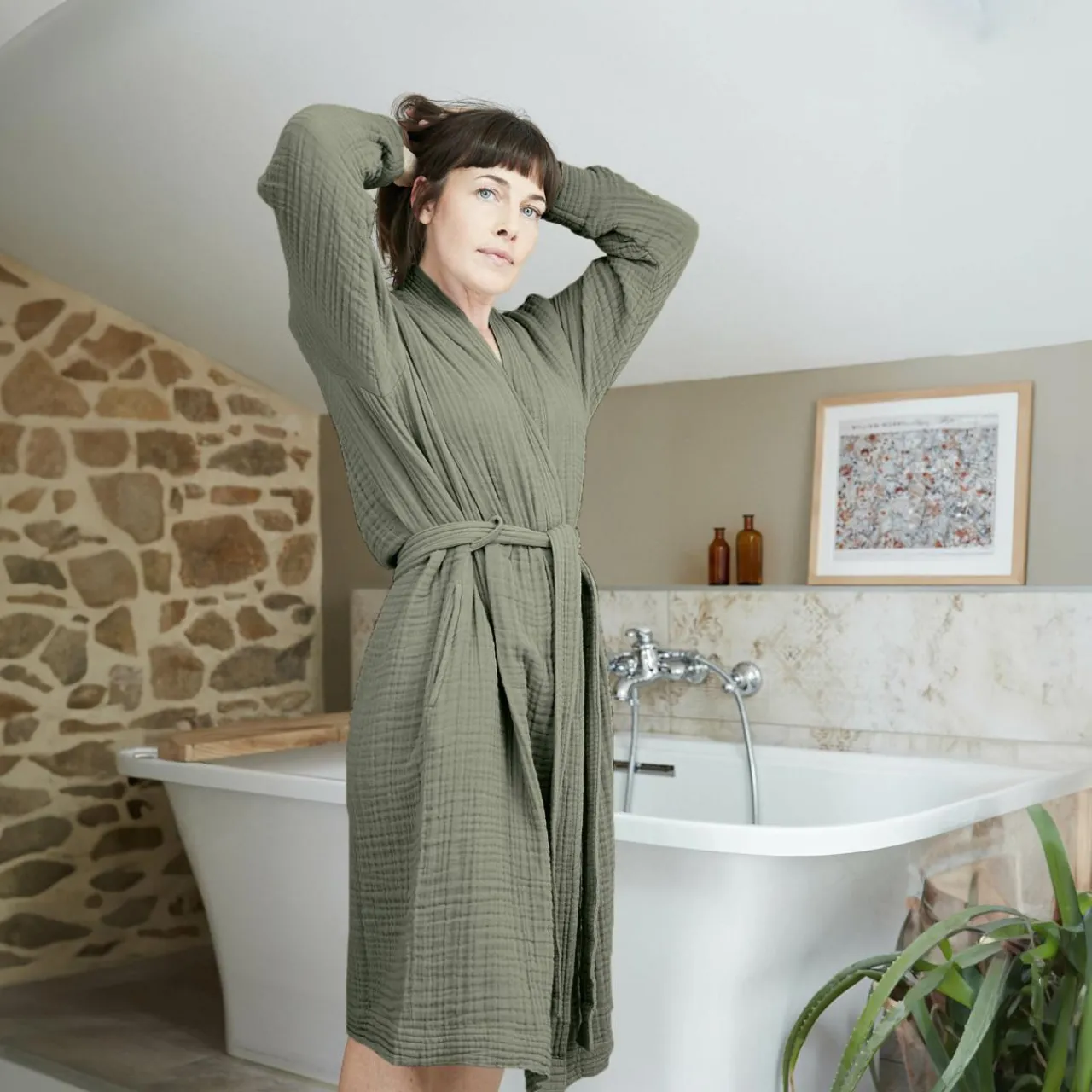 EMINZA Peignoir de bain gaze de coton L/XL Gaïa Vert romarin Clearance