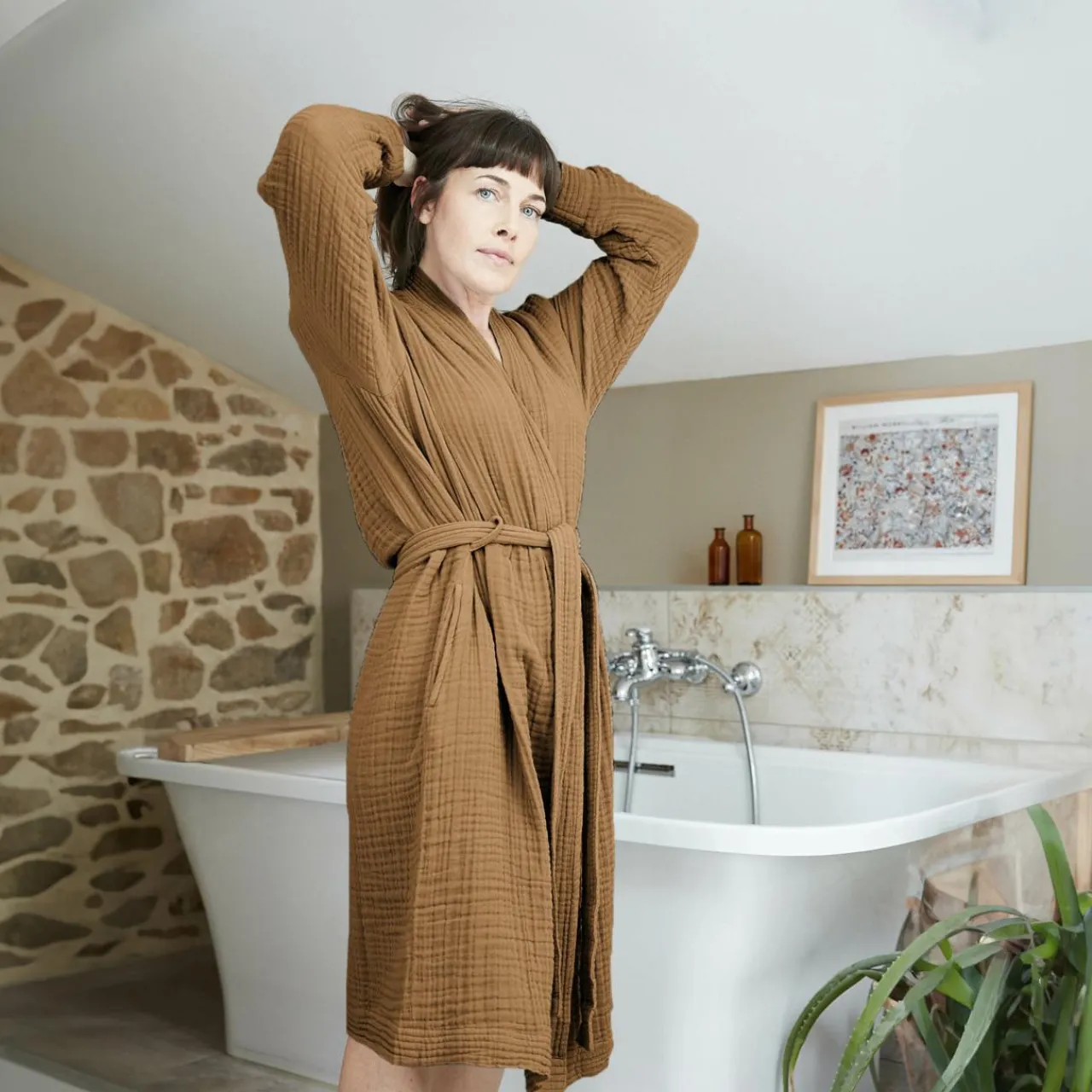 EMINZA Peignoir de bain gaze de coton S/M Gaïa Camel Clearance