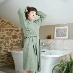 EMINZA Peignoir de bain gaze de coton S/M Gaïa Vert Eucalyptus Hot