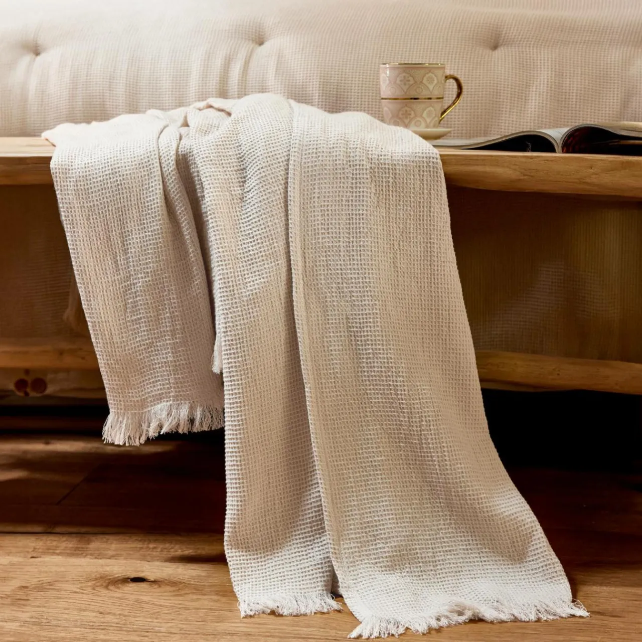 EMINZA Plaid coton nid d'abeille (180 x 220 cm) Eva Beige Discount