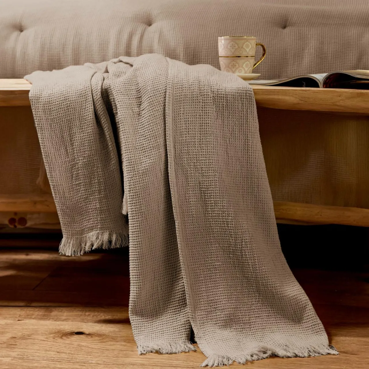 EMINZA Plaid coton nid d'abeille (180 x 220 cm) Eva Ficelle Outlet