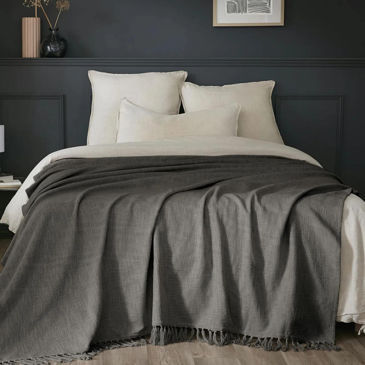 L'EFFET PAPILLON Plaid coton (130 x 160 cm) Sixtine Gris ardoise Gris foncé Clearance
