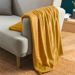 EMINZA Plaid doux flanelle (130 x 180 cm) Didou Jaune moutarde New