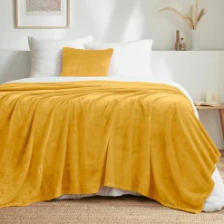EMINZA Plaid doux flanelle (180 x 230 cm) Didou Jaune moutarde Discount
