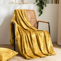 EMINZA Plaid doux flanelle (130 x 180 cm) Flore Jaune moutarde Online