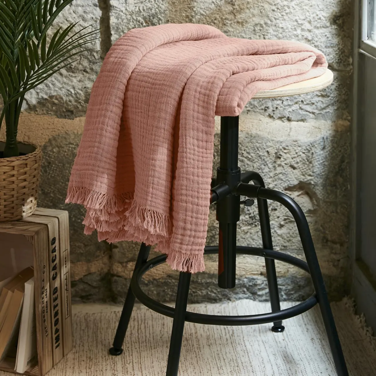EMINZA Plaid gaze de coton (130 x 160 cm) Gaïa Rose Pêche