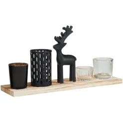 KOOPMAN Plateau décoratif 4 photophores Magie de Noël Bois et Noir Sale