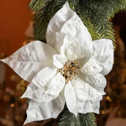 KAEMINGK Poinsettia de Noël sur clip (D25 cm) Pureté pailletée Blanc Clearance