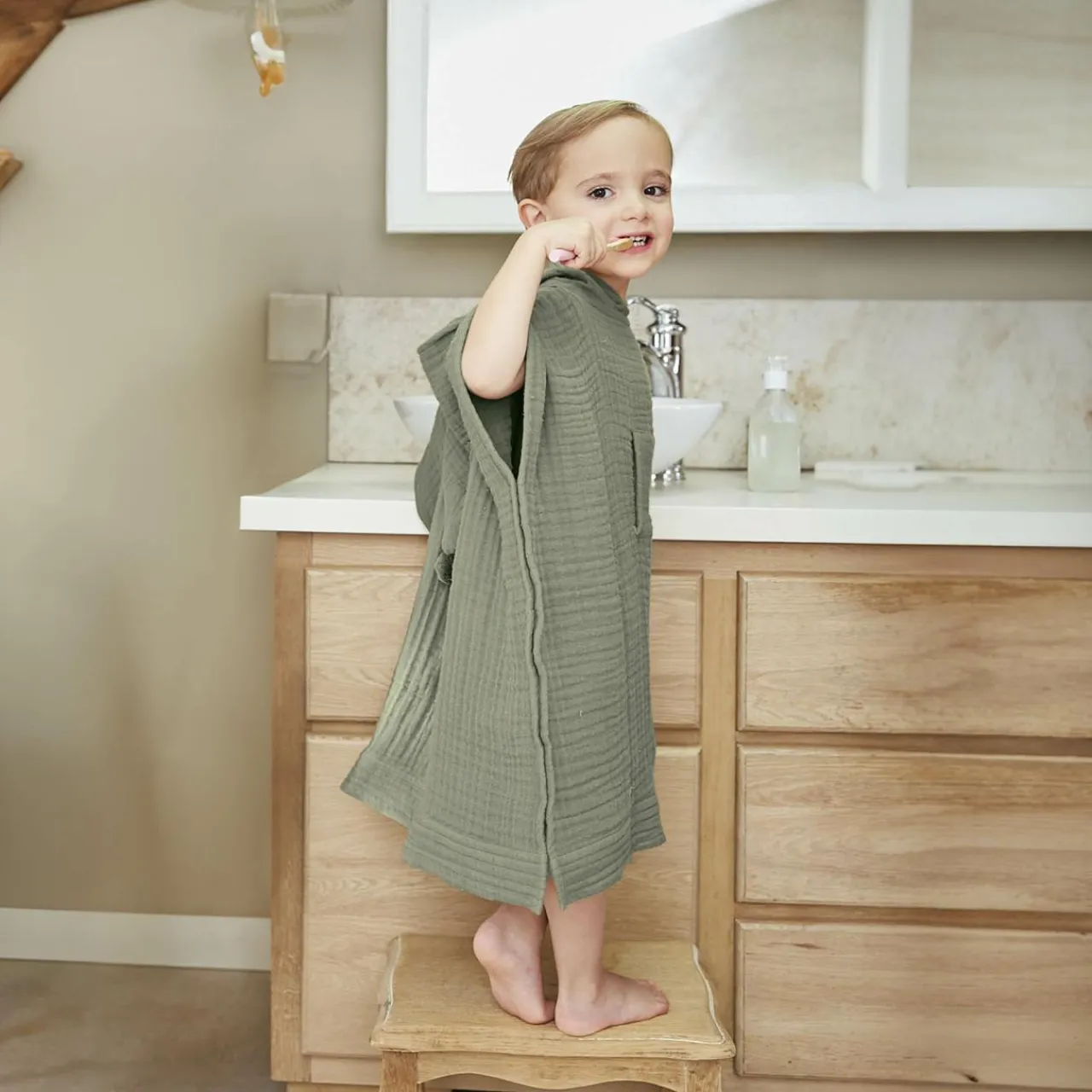 EMINZA Poncho de bain enfant gaze de coton 2/5 ans Gaïa Vert romarin Online