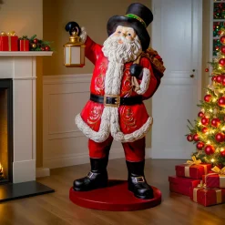 KAEMINGK Père Noël Géant sur piles (H166 cm) Klaus et sa lanterne illuminée Rouge Outlet
