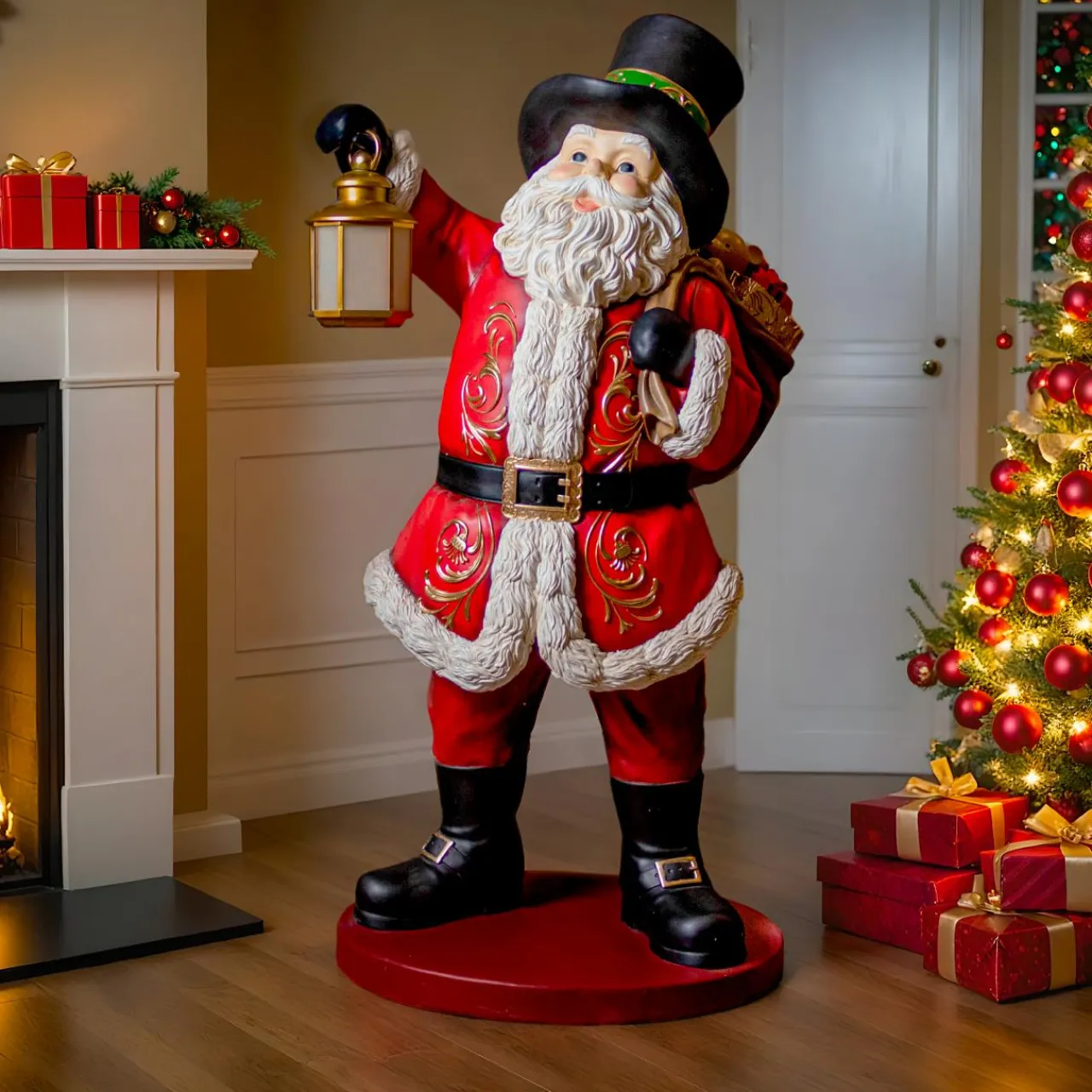 KAEMINGK Père Noël Géant sur piles (H166 cm) Klaus et sa lanterne illuminée Rouge Outlet