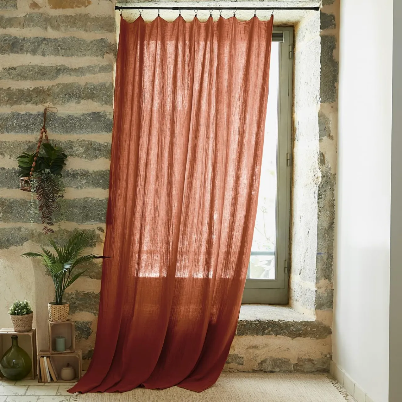 EMINZA Rideau gaze de coton ajustable (140 x max 300 cm) Gaïa Terracotta