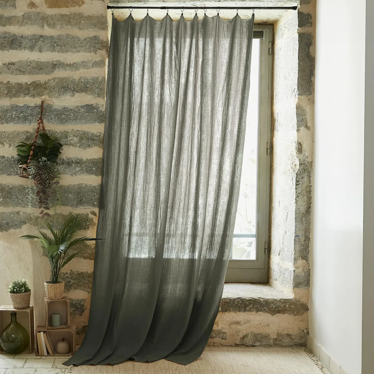 EMINZA Rideau gaze de coton ajustable (140 x max 300 cm) Gaïa Vert romarin Hot