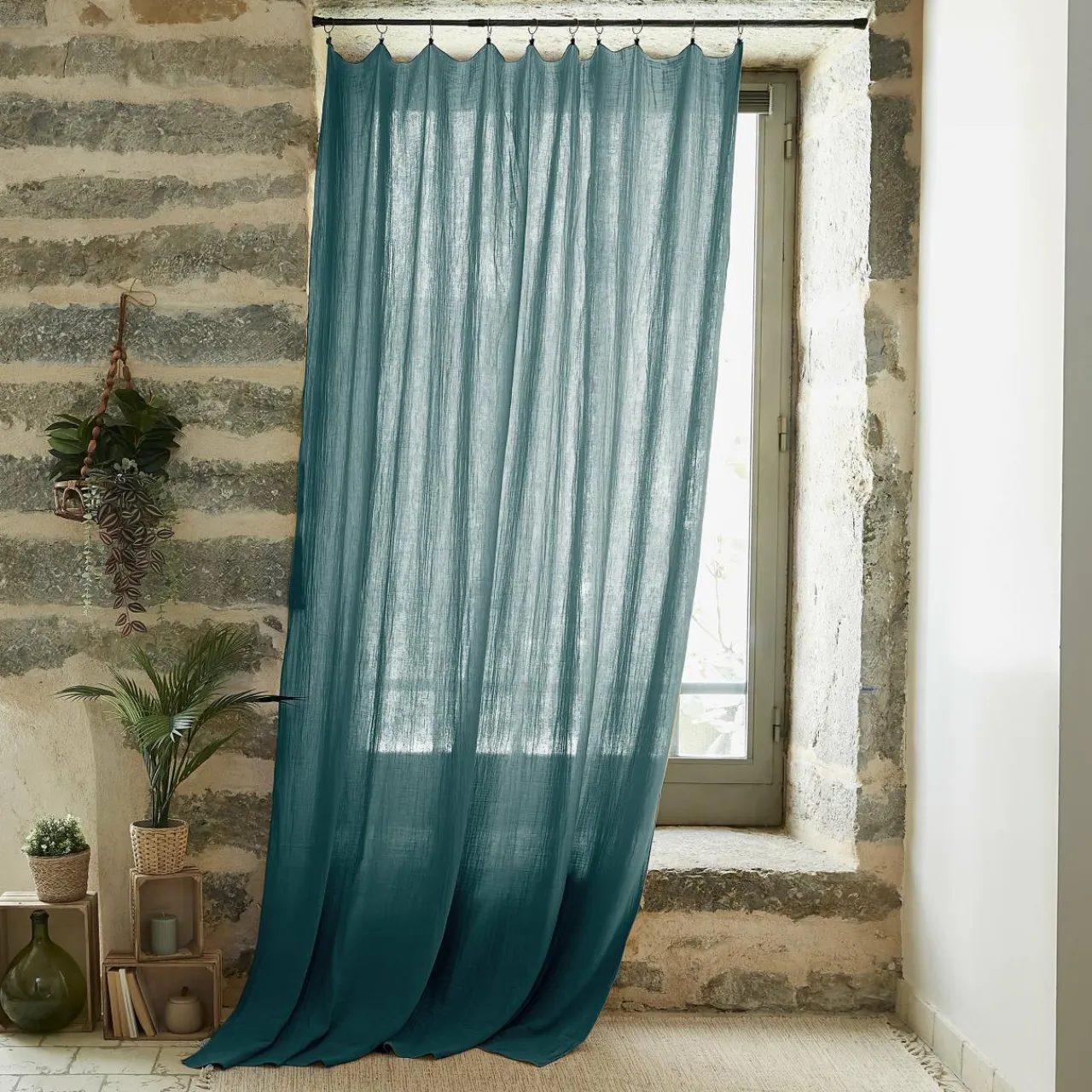 EMINZA Rideau gaze de coton ajustable (140 x max 300 cm) Gaïa Bleu canard Sale