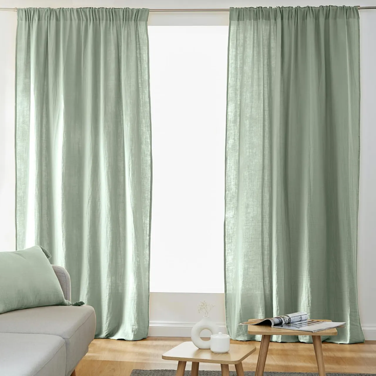 EMINZA Rideau gaze de coton galon fronceur (140 x 240 cm) Gaïa Vert Eucalyptus