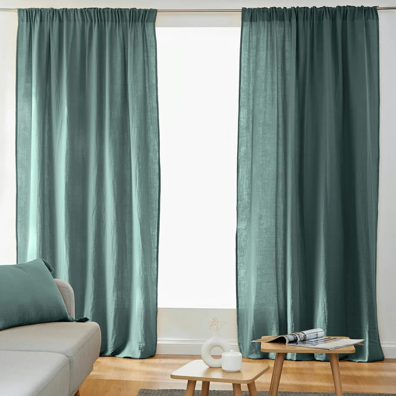 EMINZA Rideau gaze de coton galon fronceur (140 x 240 cm) Gaïa Bleu canard Hot