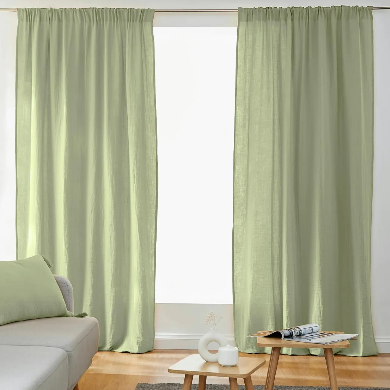 EMINZA Rideau gaze de coton galon fronceur (180 x 240 cm) Gaïa Vert tilleul Online