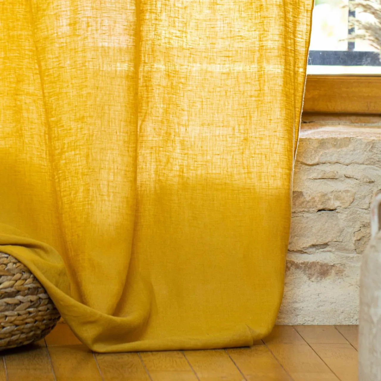 EMINZA Rideau lin lavé ajustable (140 x max 270 cm) Louise Jaune moutarde Discount