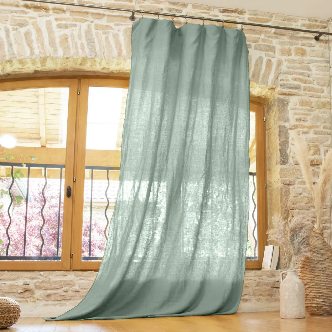 EMINZA Rideau lin lavé ajustable (140 x max 270 cm) Louise Vert Eucalyptus Sale