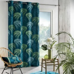 DOUCEUR D'INTERIEUR Rideau oeillets (140 X 260 cm) Blue Vegetal Bleu New