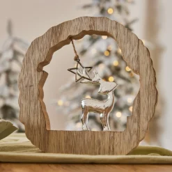 KAEMINGK Rondin en bois (H14 cm) Renne et étoile Bois blond Naturel