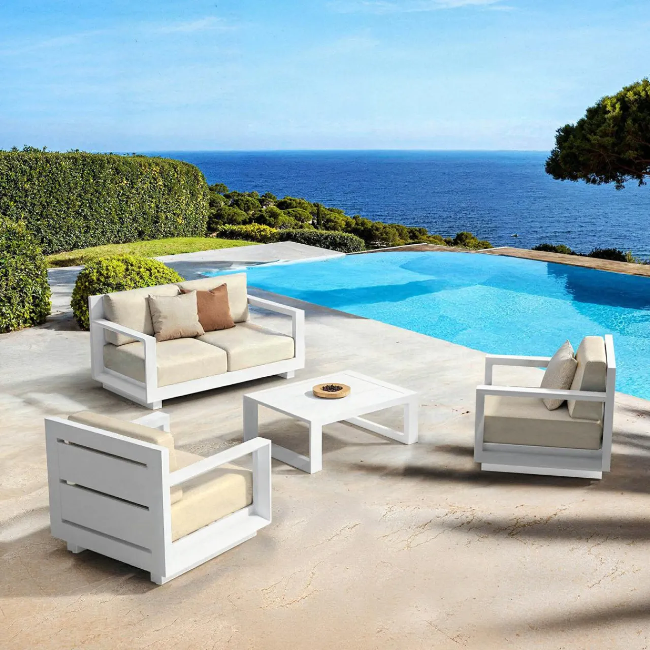 MOBELLIA Salon de jardin aluminium 4 places 4 pcs Elba Blanc et beige Blanc - Beige