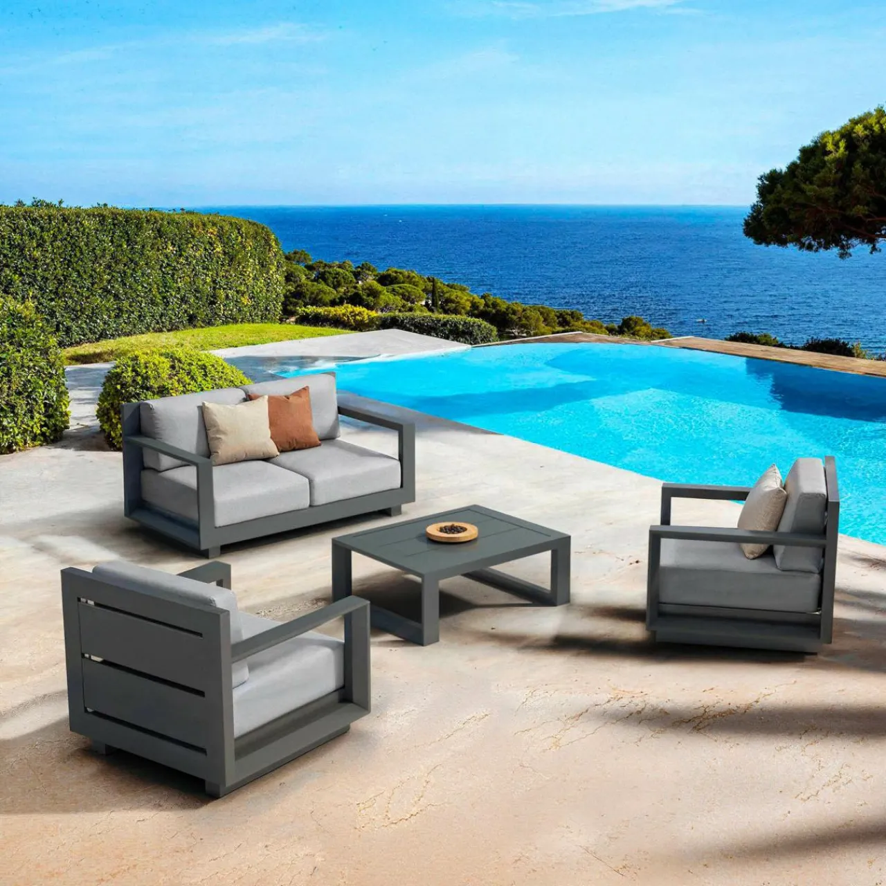 MOBELLIA Salon de jardin aluminium 4 places 4 pcs Elba Gris Anthracite New