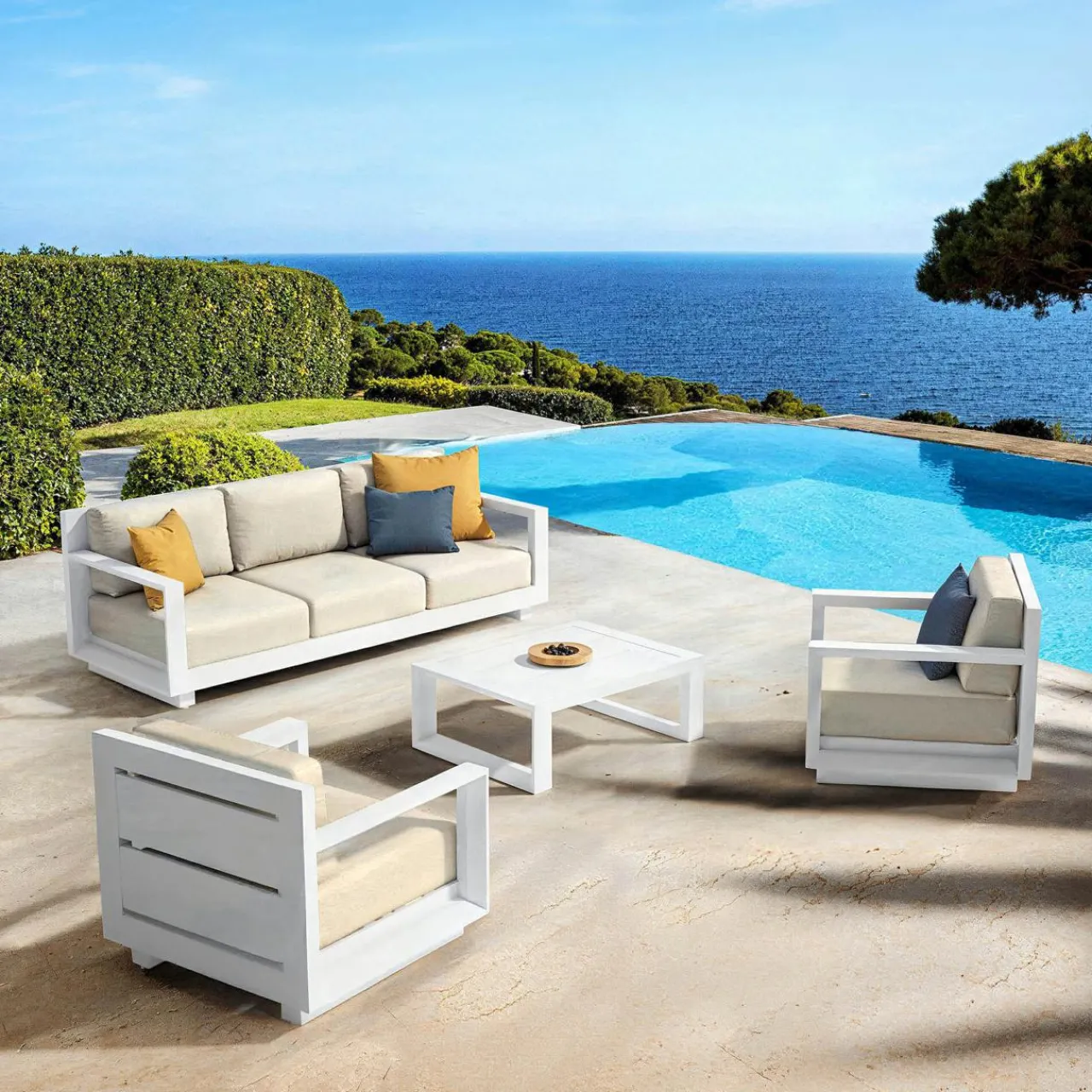 MOBELLIA Salon de jardin aluminium 5 places 4 pcs Elba Blanc et beige Blanc - Beige Online