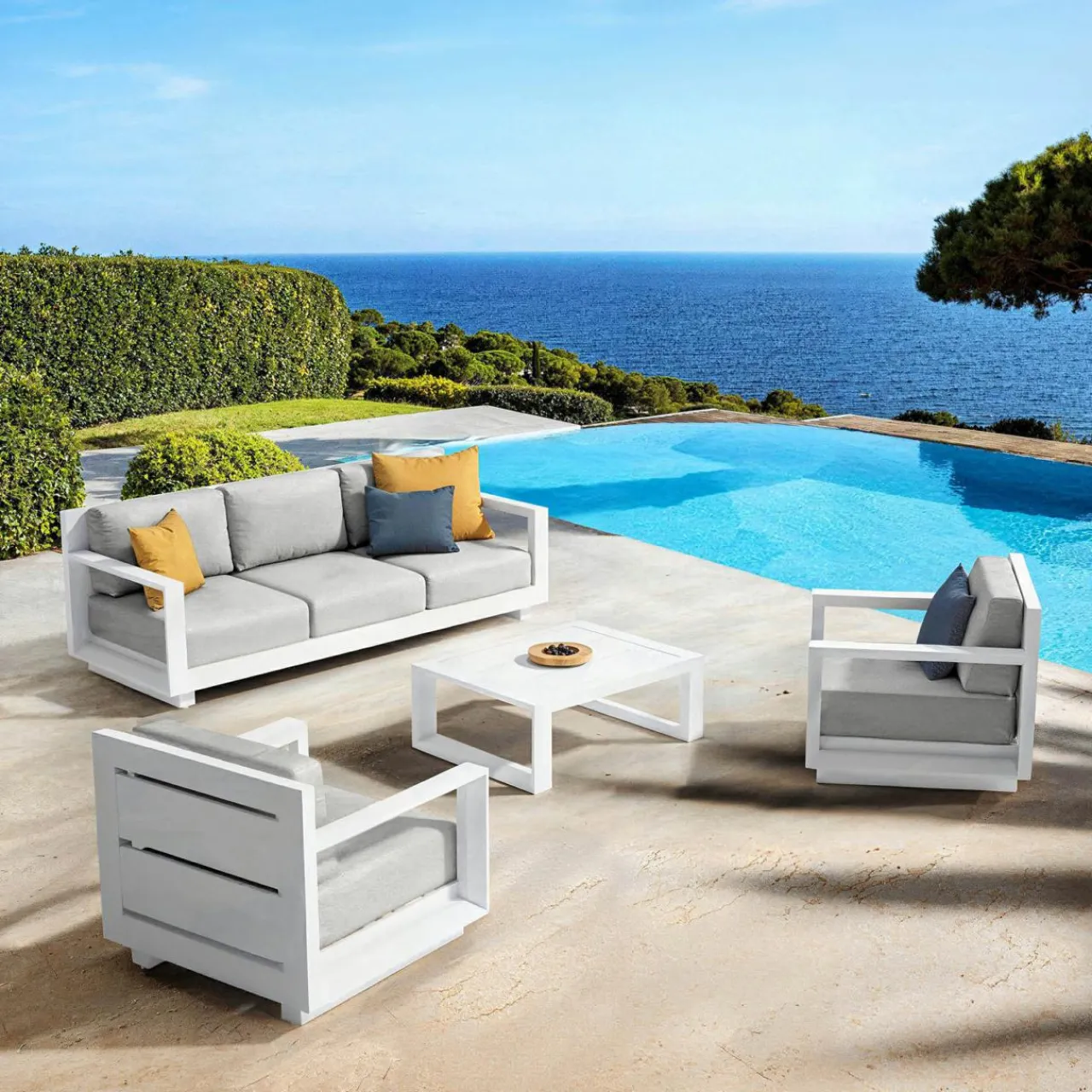 MOBELLIA Salon de jardin aluminium 5 places 4 pcs Elba Blanc et gris clair Blanc - Gris Clair New