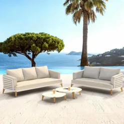 MOBELLIA Salon de jardin aluminium 5 places 4 pcs Monte Carlo Blanc et taupe Blanc - Taupe Outlet