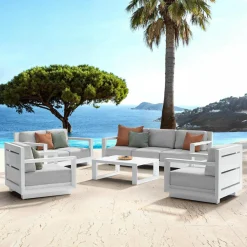 MOBELLIA Salon de jardin aluminium 7 places 5 pcs Elba Blanc et gris clair Blanc - Gris Clair Discount