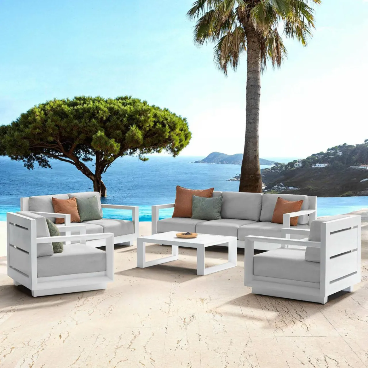 MOBELLIA Salon de jardin aluminium 7 places 5 pcs Elba Blanc et gris clair Blanc - Gris Clair Discount