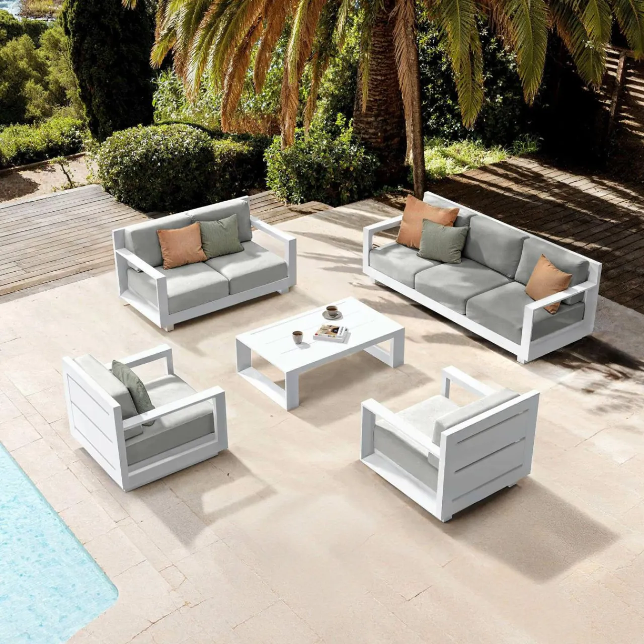 MOBELLIA Salon de jardin aluminium 7 places 5 pcs Elba Blanc et gris clair Blanc - Gris Clair Discount