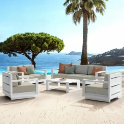 MOBELLIA Salon de jardin aluminium 7 places 5 pcs Elba Blanc et taupe Blanc - Taupe Clearance