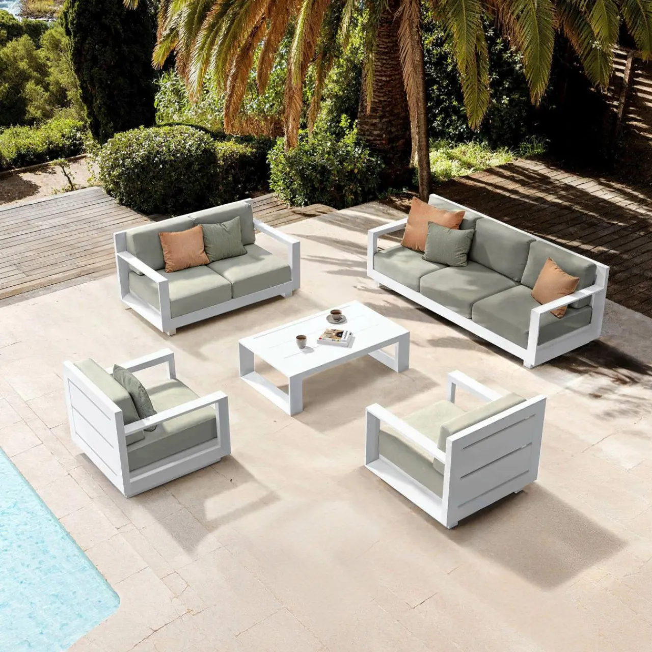 MOBELLIA Salon de jardin aluminium 7 places 5 pcs Elba Blanc et taupe Blanc - Taupe Clearance