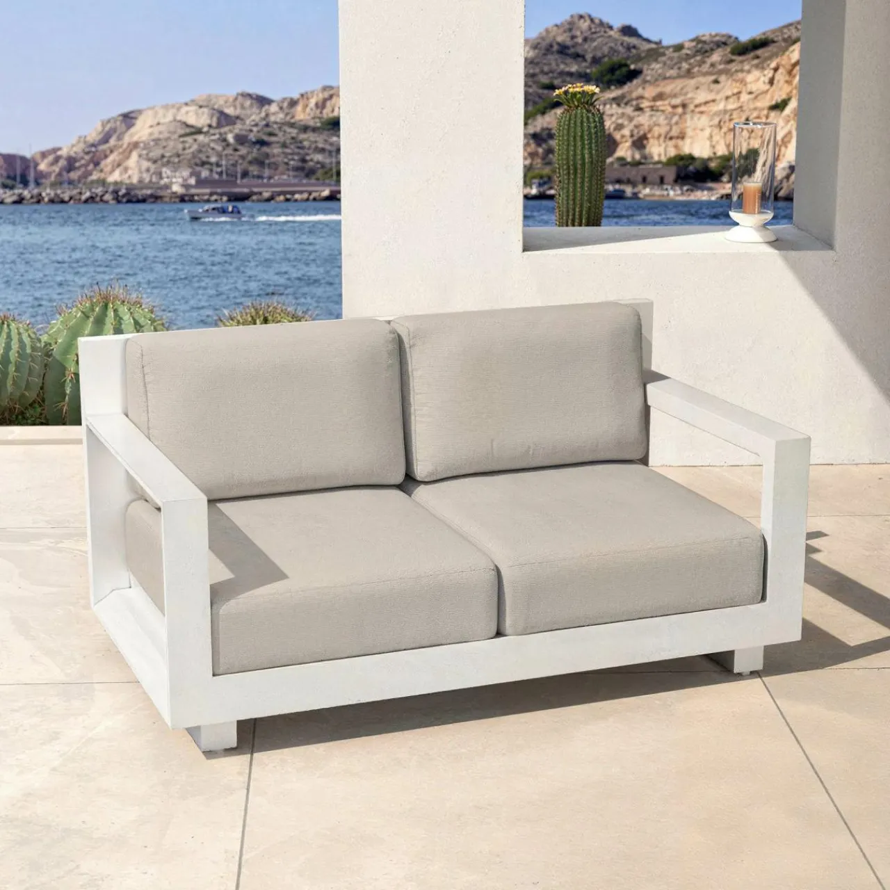 MOBELLIA Salon de jardin aluminium 7 places 5 pcs Elba Blanc et taupe Blanc - Taupe Clearance
