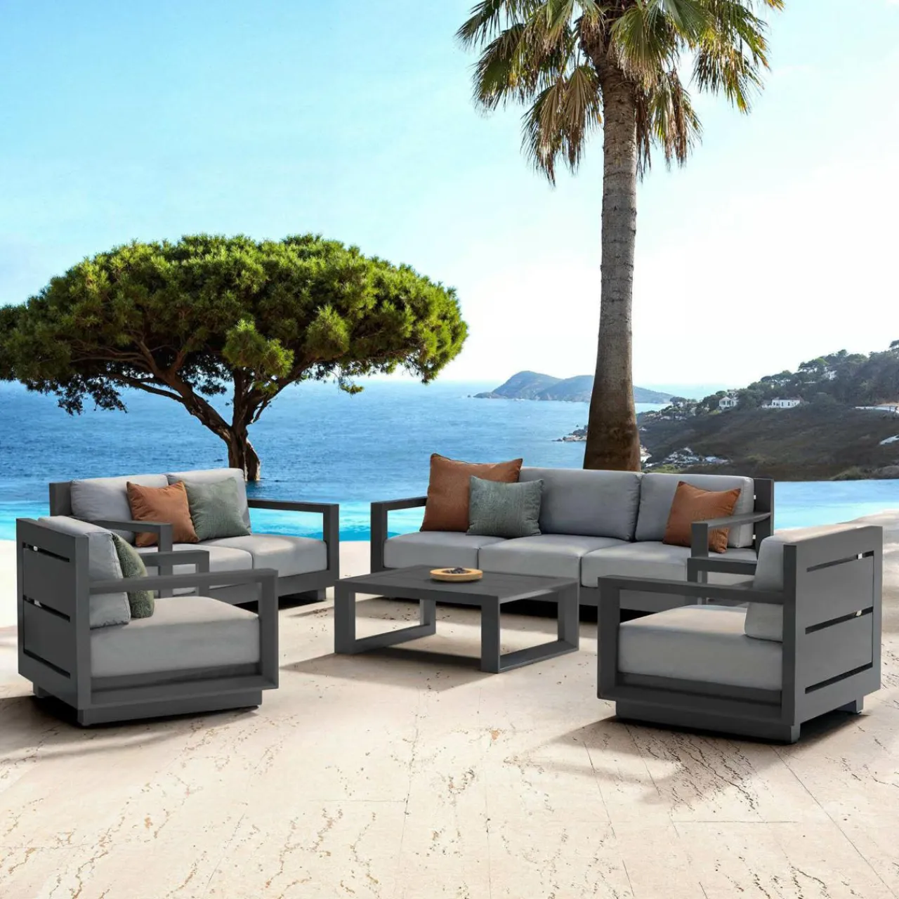 MOBELLIA Salon de jardin aluminium 7 places 5 pcs Elba Gris Anthracite