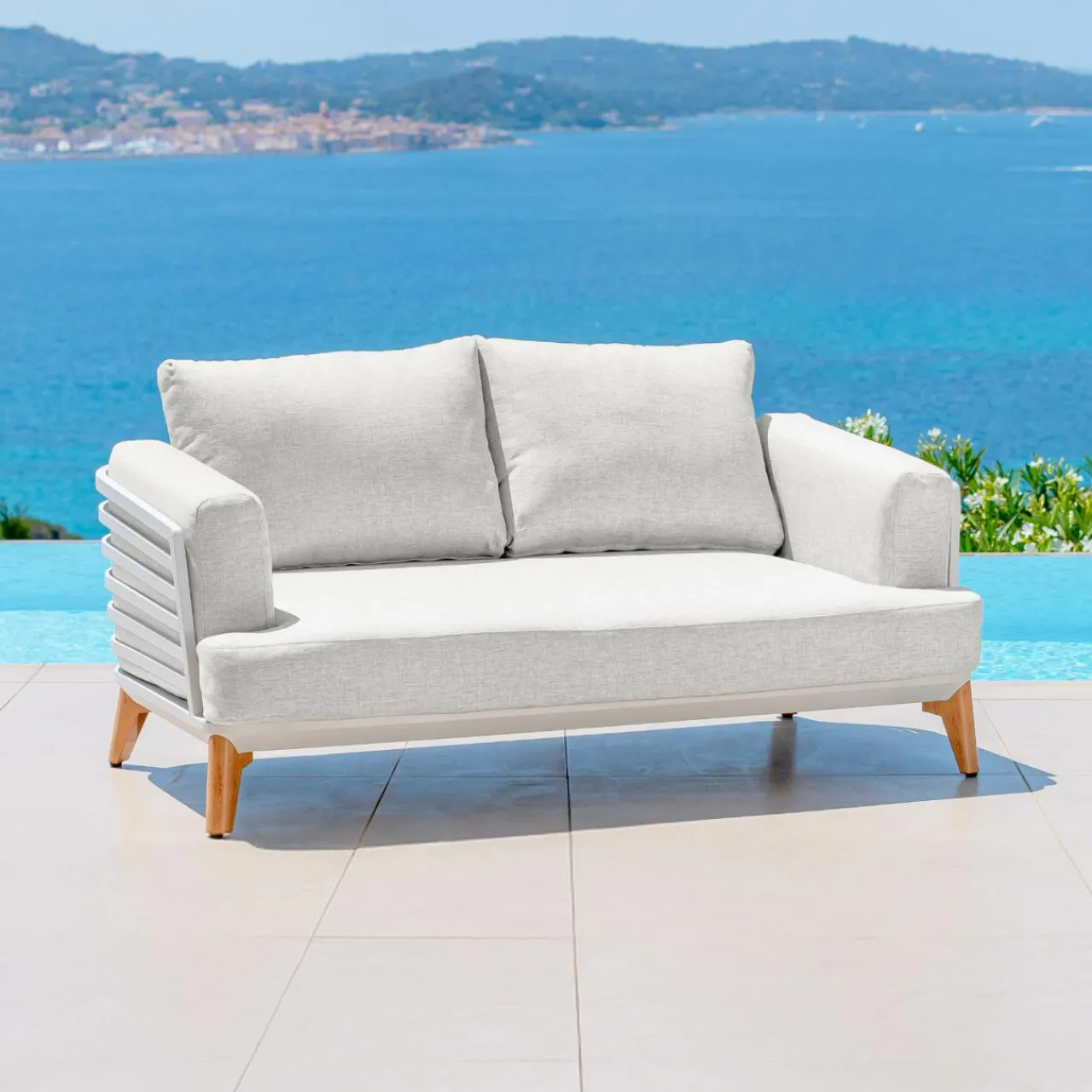 MOBELLIA Salon de jardin aluminium 9 places 12 pcs Monte Carlo Blanc et gris clair Blanc - Gris Clair New