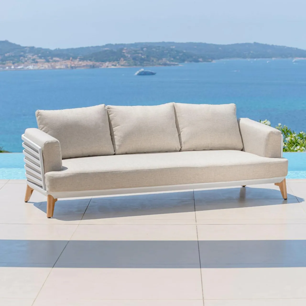 MOBELLIA Salon de jardin aluminium 9 places 12 pcs Monte Carlo Blanc et taupe Blanc - Taupe New