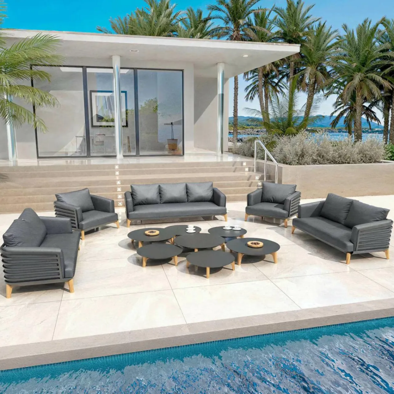 MOBELLIA Salon de jardin aluminium 9 places 12 pcs Monte Carlo Gris Anthracite Outlet